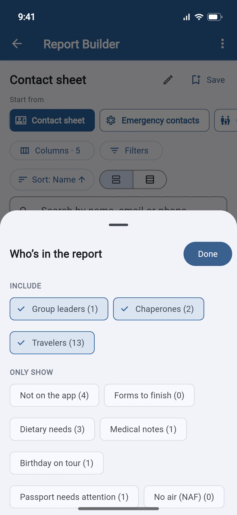 The Who’s in the report sheet: Include with Group leaders (1), Chaperones (2) and Travelers (13); Only show with Not on the app (4), Forms to finish (0), Dietary needs (3), Medical notes (1), Birthday on tour (1), Passport needs attention (1) and No air (NAF) (0)