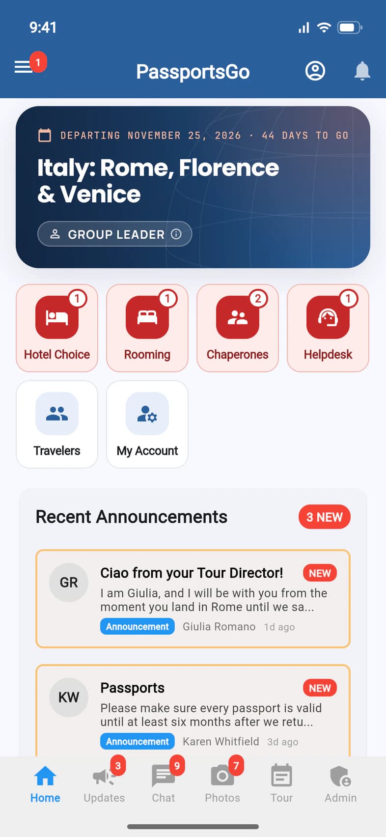 The PassportsGo Home screen before the tour: under the navy title card, red Hotel Choice and Rooming tiles showing 1, a red Chaperones tile showing 2 and a red Helpdesk tile showing 1, then the blue Travelers and My Account tiles