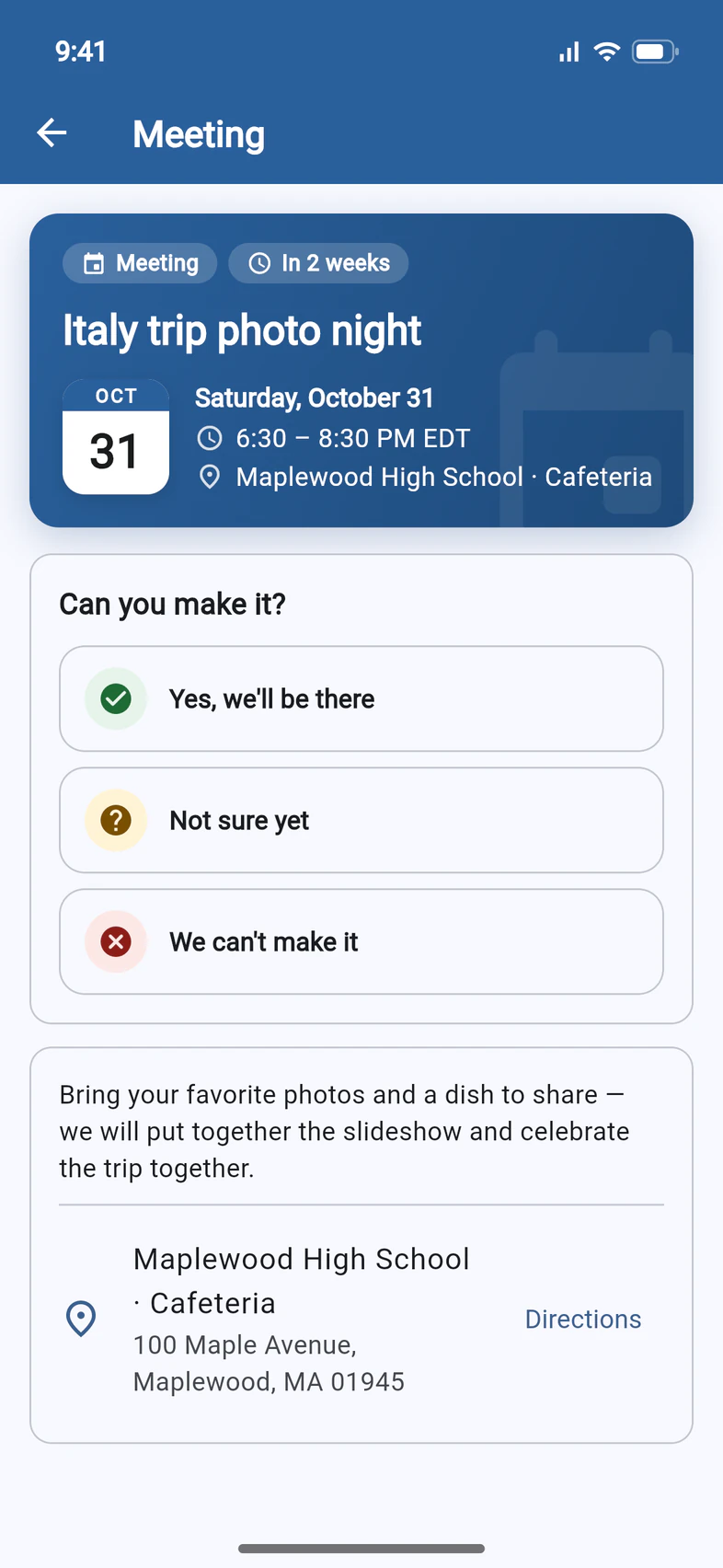 A meeting in PassportsGo: Italy trip photo night, Saturday, October 31, 6:30 – 8:30 PM EDT, at Maplewood High School · Cafeteria; then the Can you make it? answers, the group leader's note, and the address with Directions