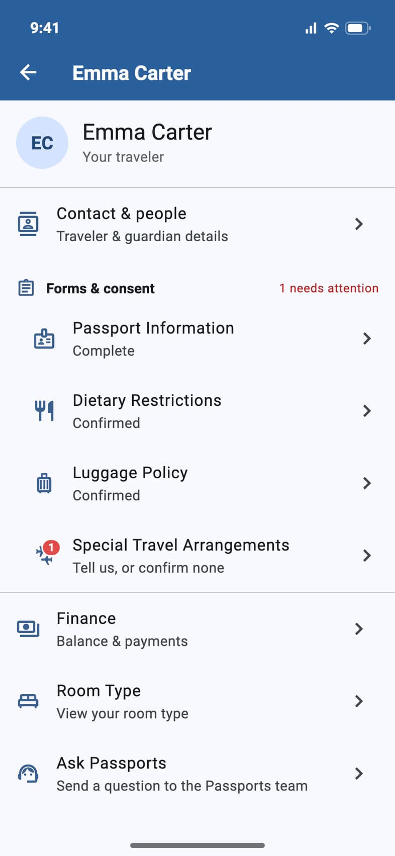 Emma Carter's account page: Special Travel Arrangements under Forms & consent with a red 1 and Tell us, or confirm none