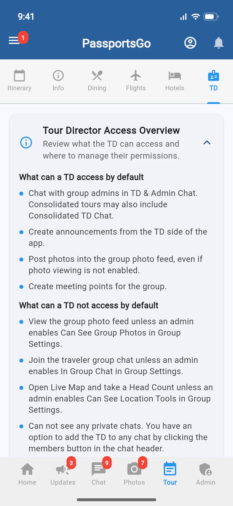 Tour Director Access Overview: what a TD can access by default, and what they cannot access by default, including Live Map and Head Count