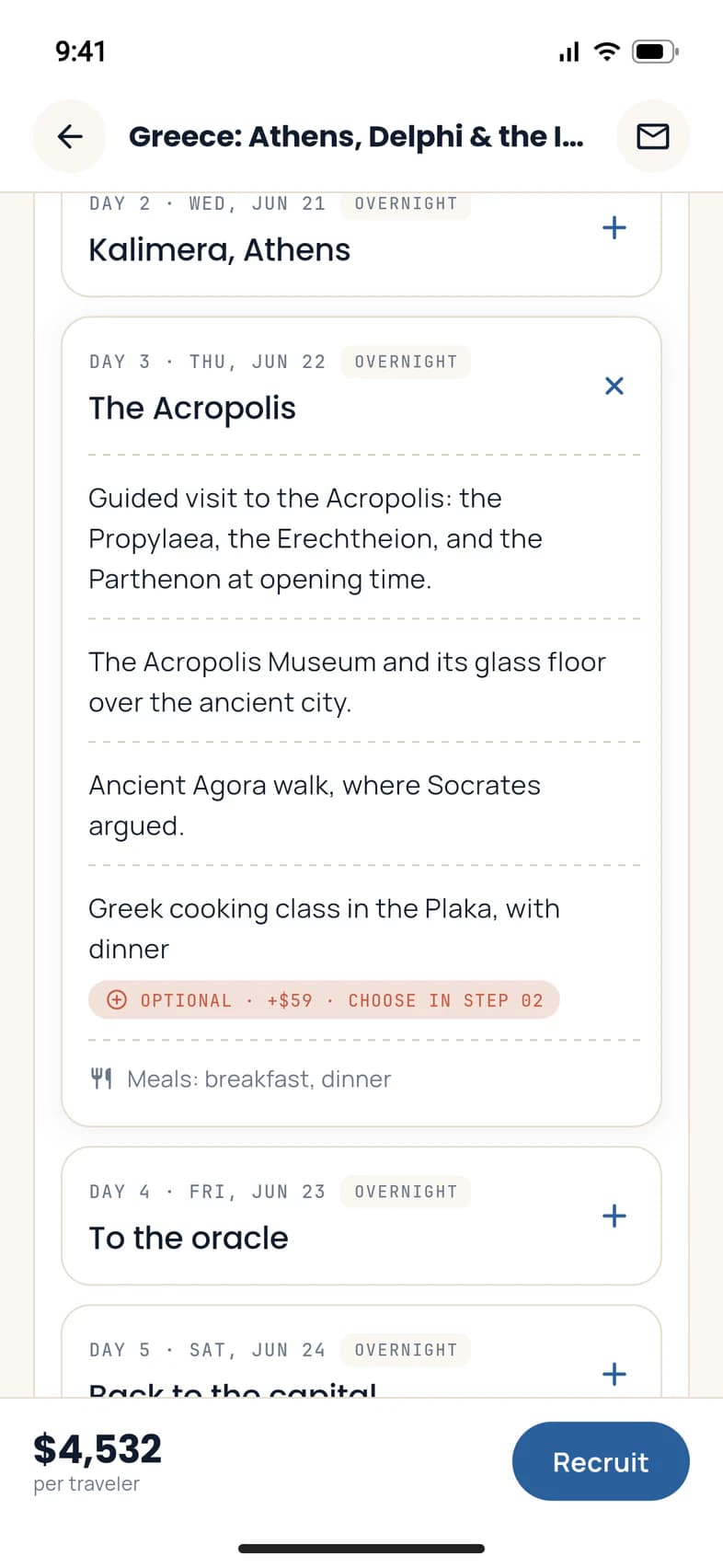 Step 01 of the Tour Proposal: Day 3, The Acropolis, opened, listing the Acropolis visit, the Acropolis Museum, an Ancient Agora walk and a Greek cooking class marked Optional, +$59, choose in Step 02