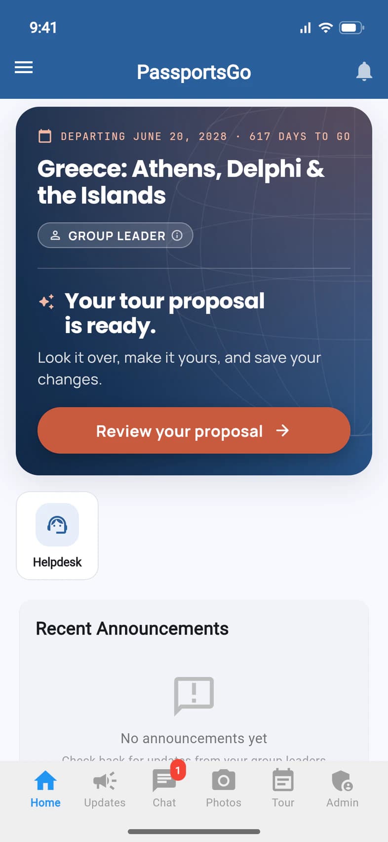 PassportsGo Home for the Greece: Athens, Delphi & the Islands tour, departing June 20, 2028: the title card says Your tour proposal is ready, with a Review your proposal button