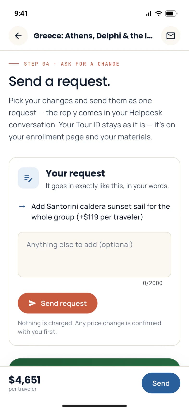 Step 04, Ask for a change: Send a request, with Your request listing Add Santorini caldera sunset sail for the whole group (+$119 per traveler), a box for anything else to add, and an orange Send request button