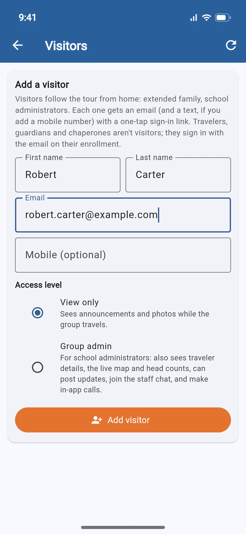 The Add a visitor form filled in for Robert Carter, with Access level View only