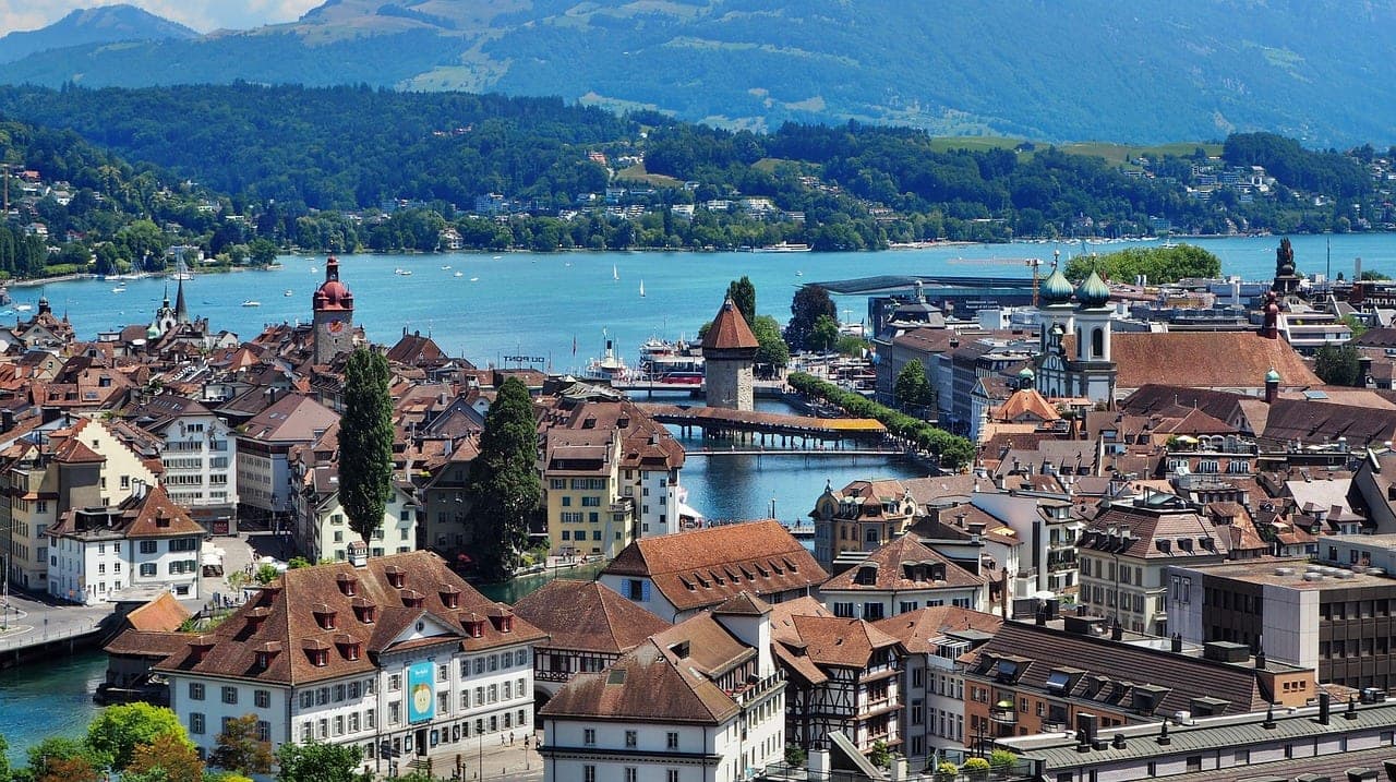 Chapel Bridge and the water tower over the Reuss River in Lucerne, Switzerland