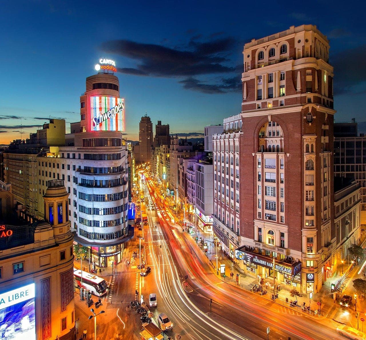 Madrid skyline at sunset over the Plaza Mayor and the Spanish capital's old town