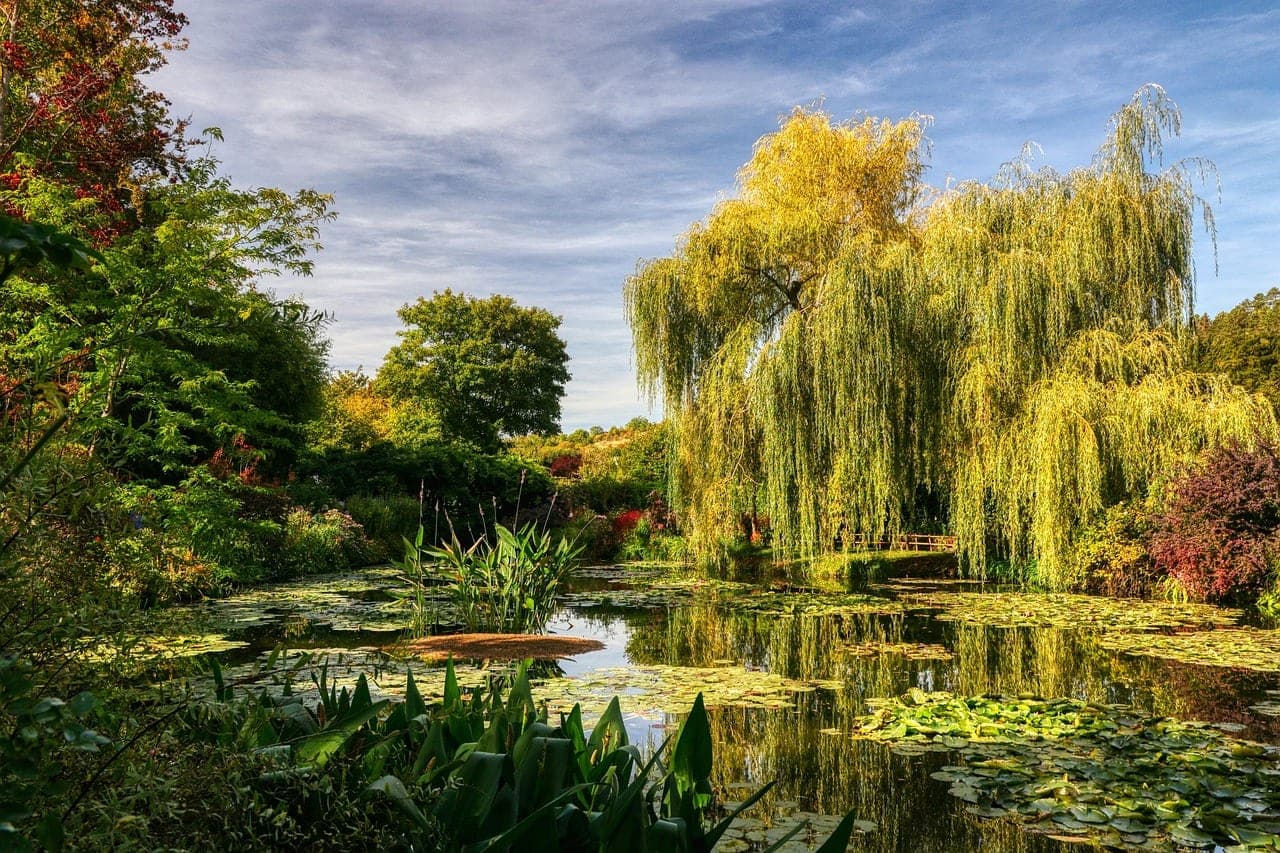 Pink-and-green house and water-lily pond at Claude Monet's gardens in Giverny, near Vernon, Normandy