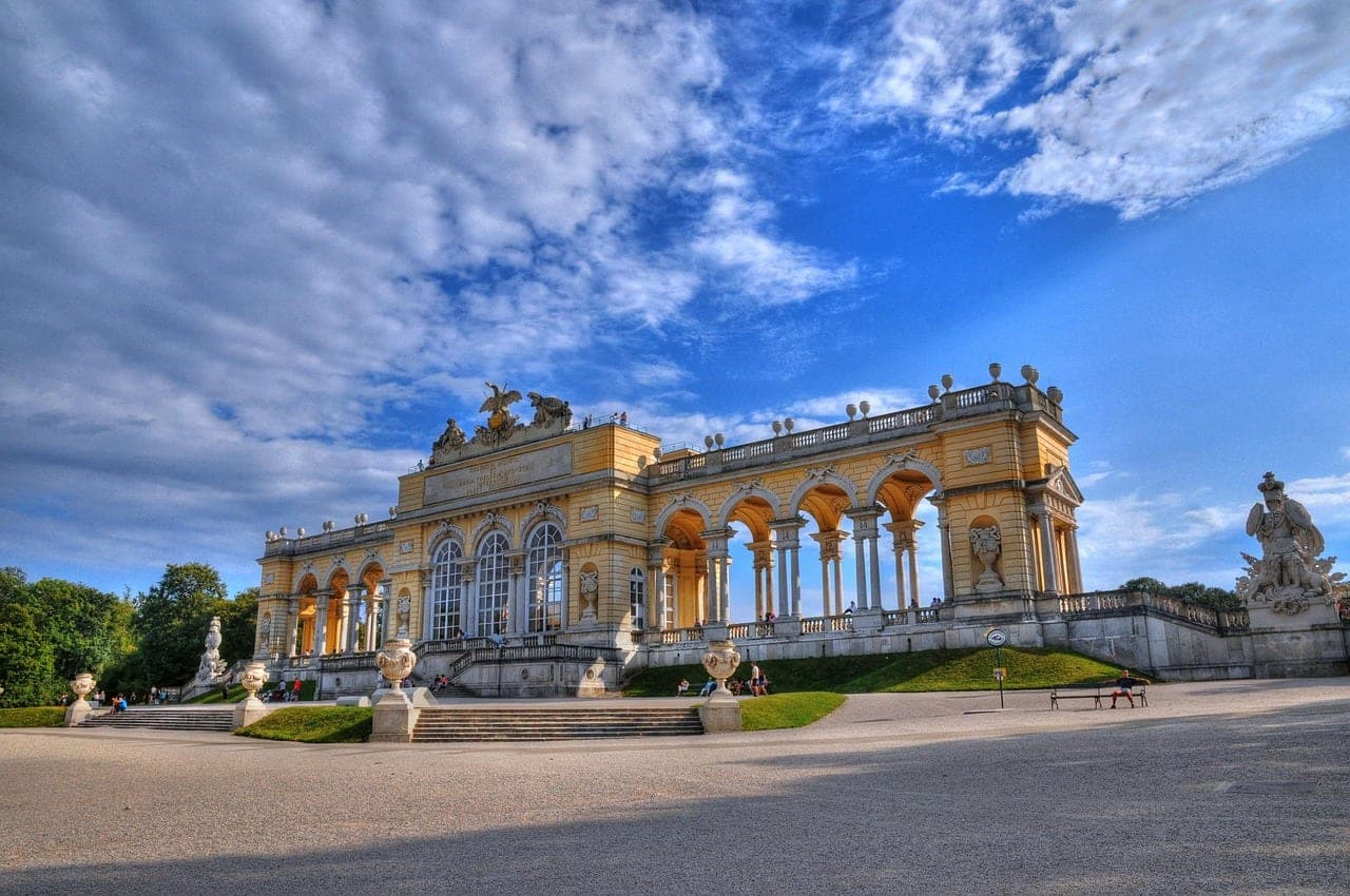 Schönbrunn Palace and formal gardens with the Gloriette on the hill in Vienna Austria