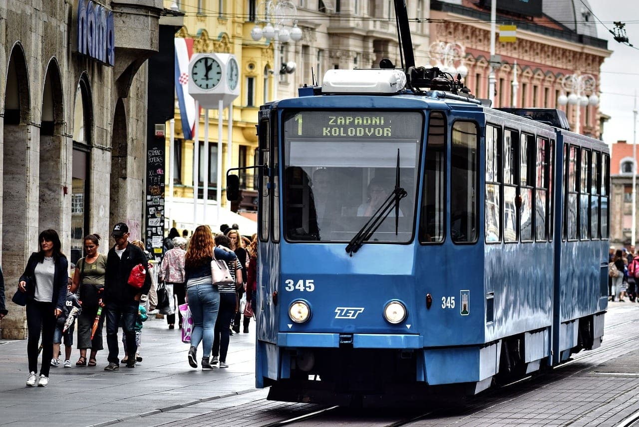 Ban Jelačić Square with trams and historic buildings in central Zagreb, Croatia