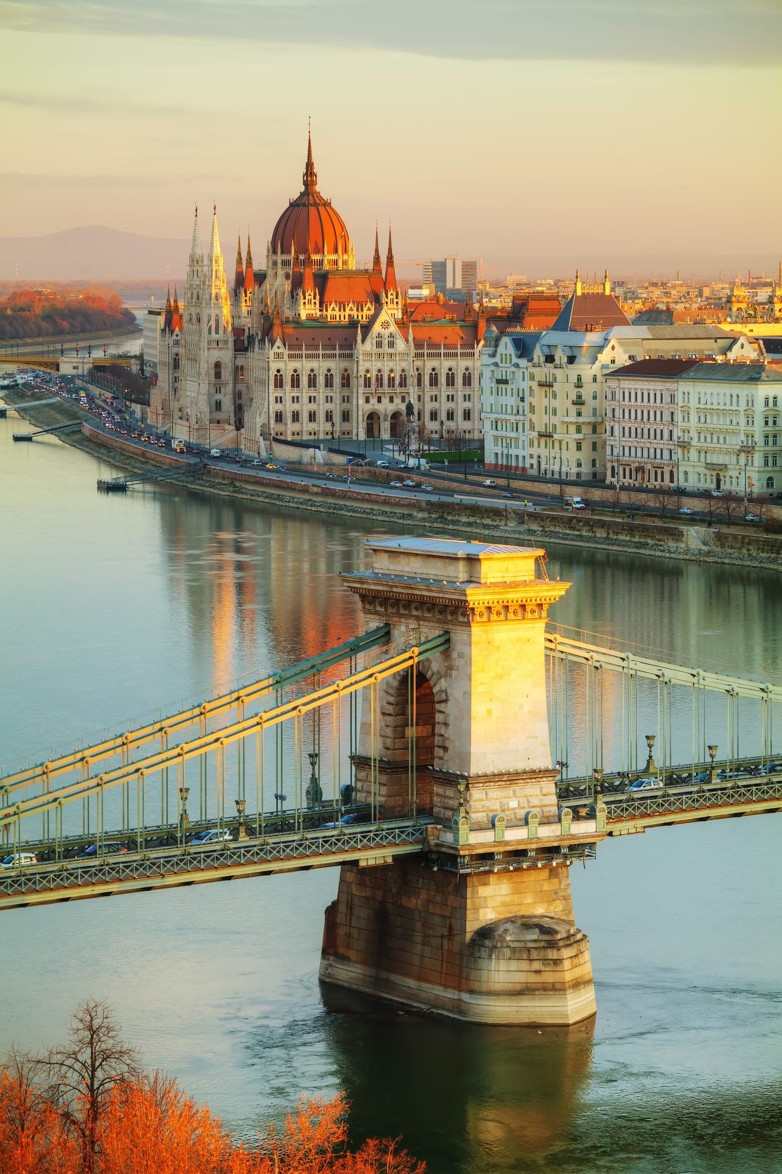 Budapest skyline over the Danube at dusk
