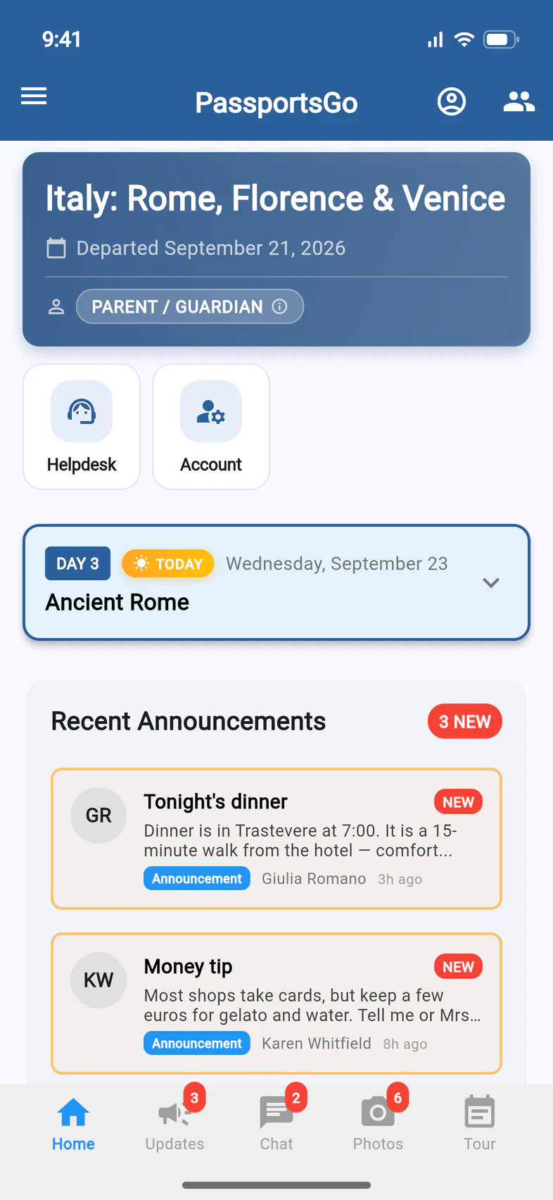The PassportsGo Home screen for a parent, with Helpdesk and Account tiles under the tour card and a person icon at the top right