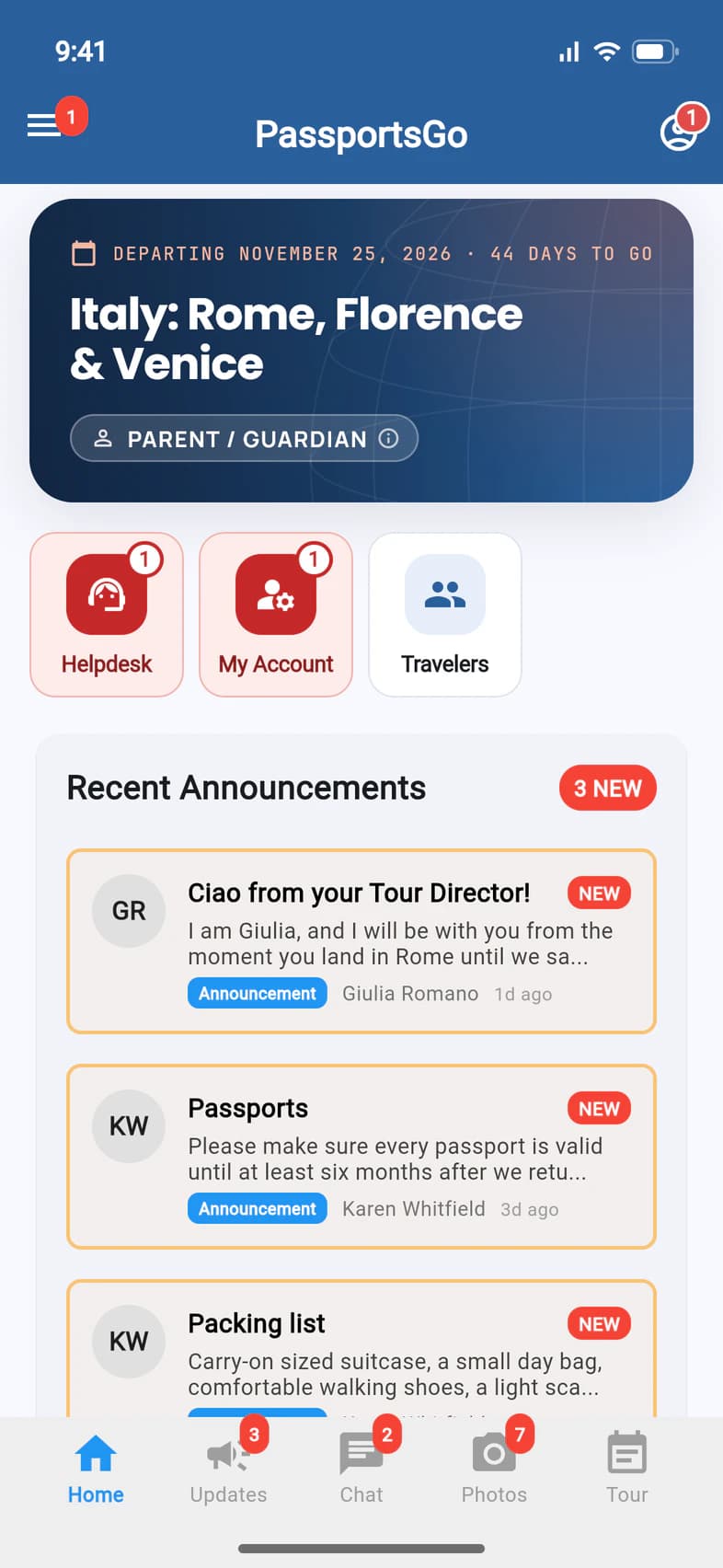 The PassportsGo Home screen for a parent before the tour: under the navy title card, a red Helpdesk tile, a red My Account tile showing 1 and a blue Travelers tile; at the top right, the person icon, also showing 1