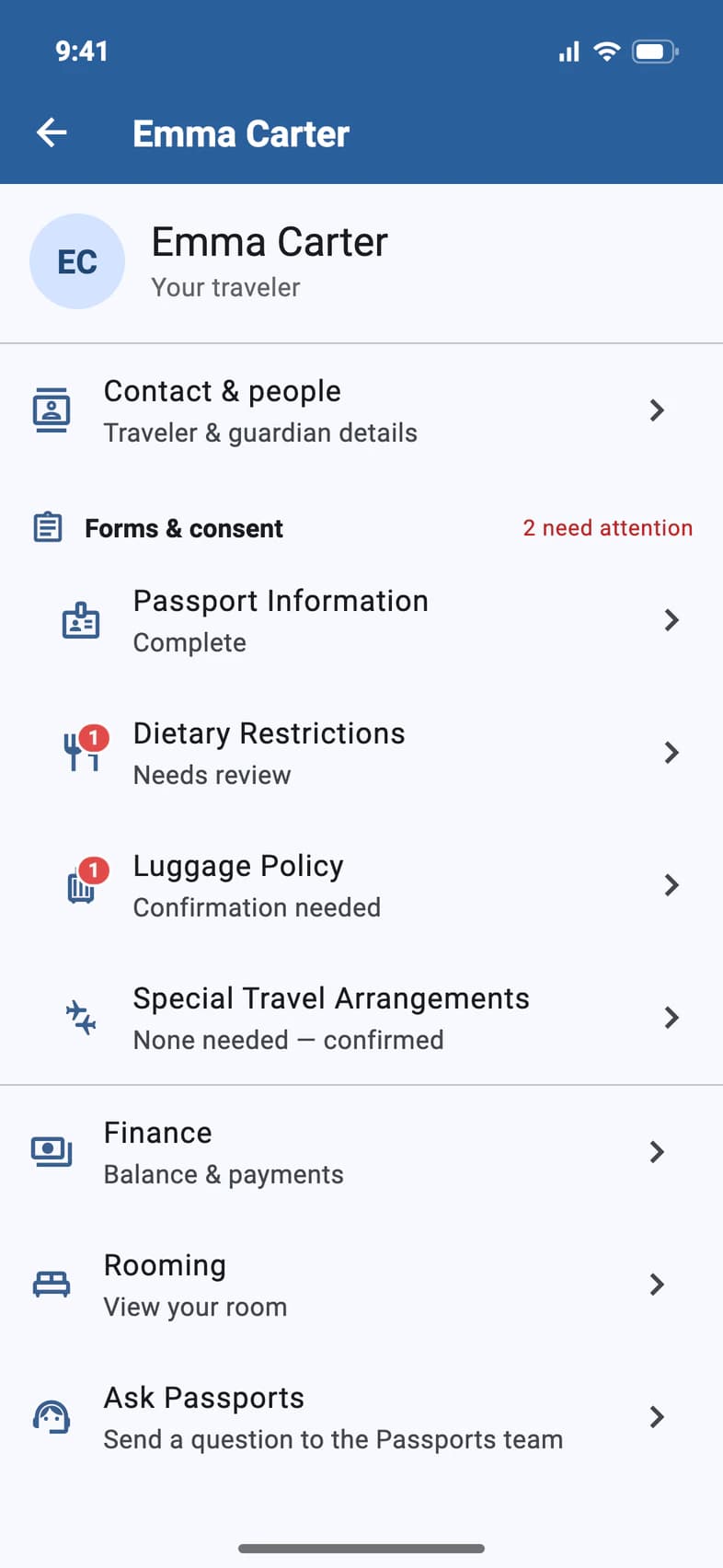 Emma Carter's account page with Luggage Policy, Confirmation needed, under Forms & consent