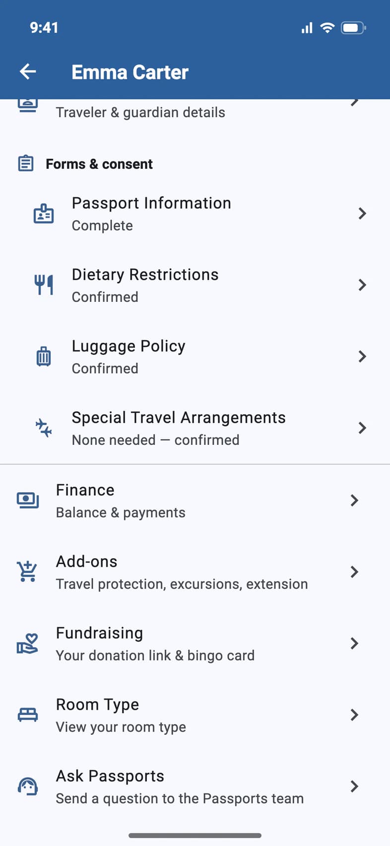 A traveler's account page with Finance, Add-ons (travel protection, excursions, extension), Fundraising and Room Type