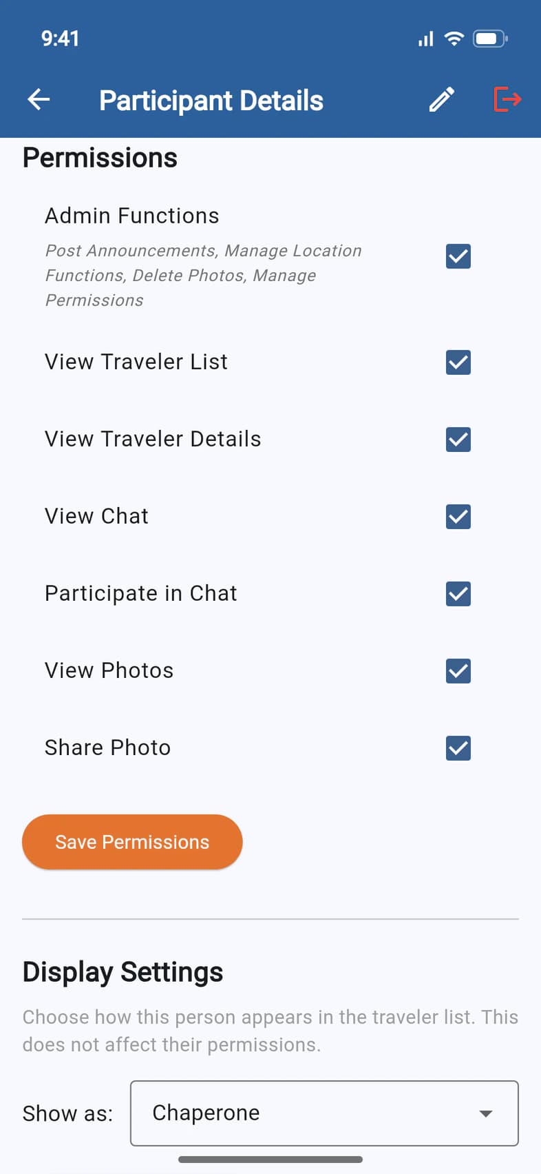 Permissions: Admin Functions ticked (Post Announcements, Manage Location Functions, Delete Photos, Manage Permissions), View Traveler List, View Traveler Details, View Chat, Participate in Chat, View Photos and Share Photo ticked, and Save Permissions