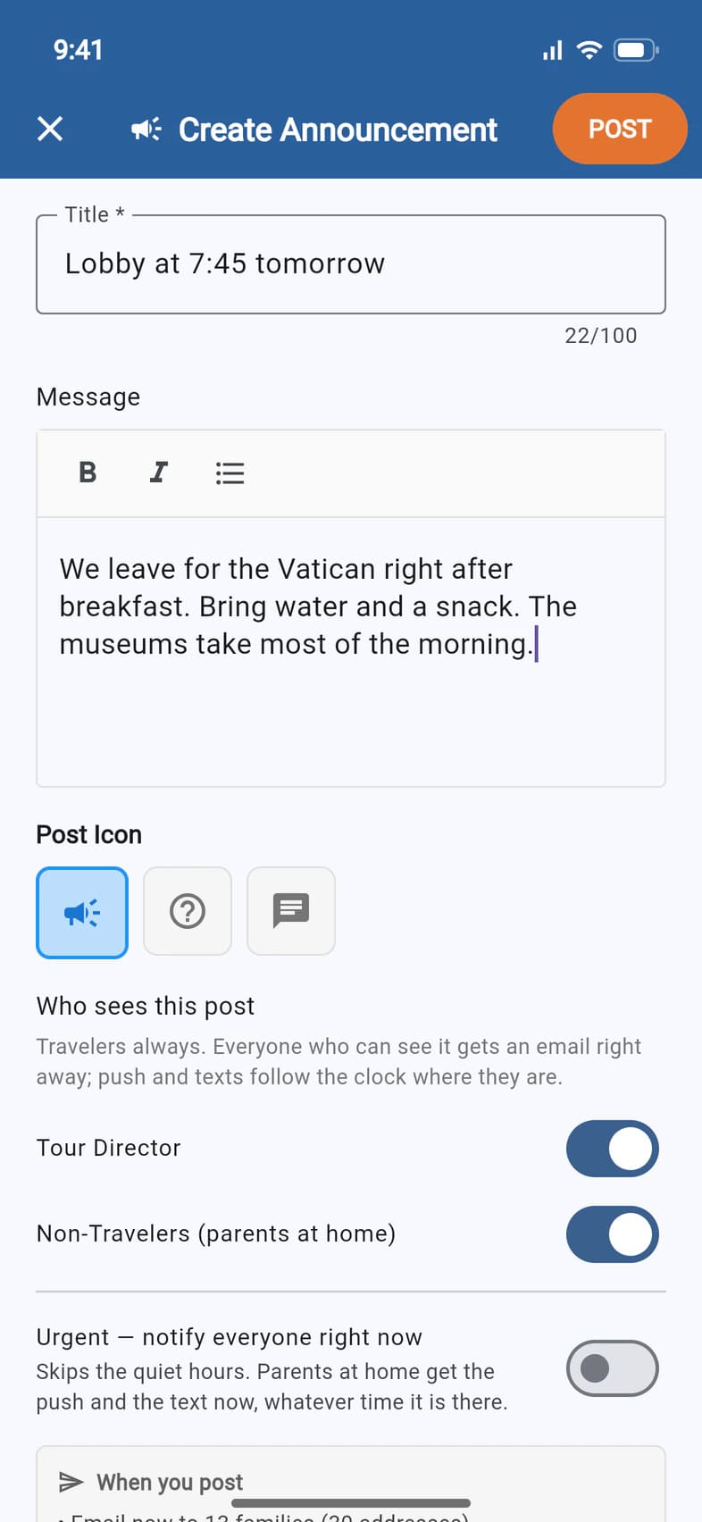 The Create Announcement screen with the title “Lobby at 7:45 tomorrow” and a short message about the Vatican visit