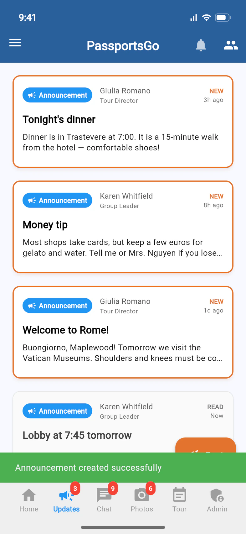 The Updates tab right after posting: a green “Announcement created successfully” message, and the new post “Lobby at 7:45 tomorrow” in the list