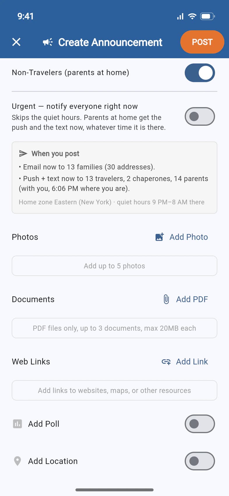 The lower part of the Create Announcement screen: Photos with an Add Photo button, Documents with Add PDF, Web Links with Add Link, and switches for Add Poll and Add Location