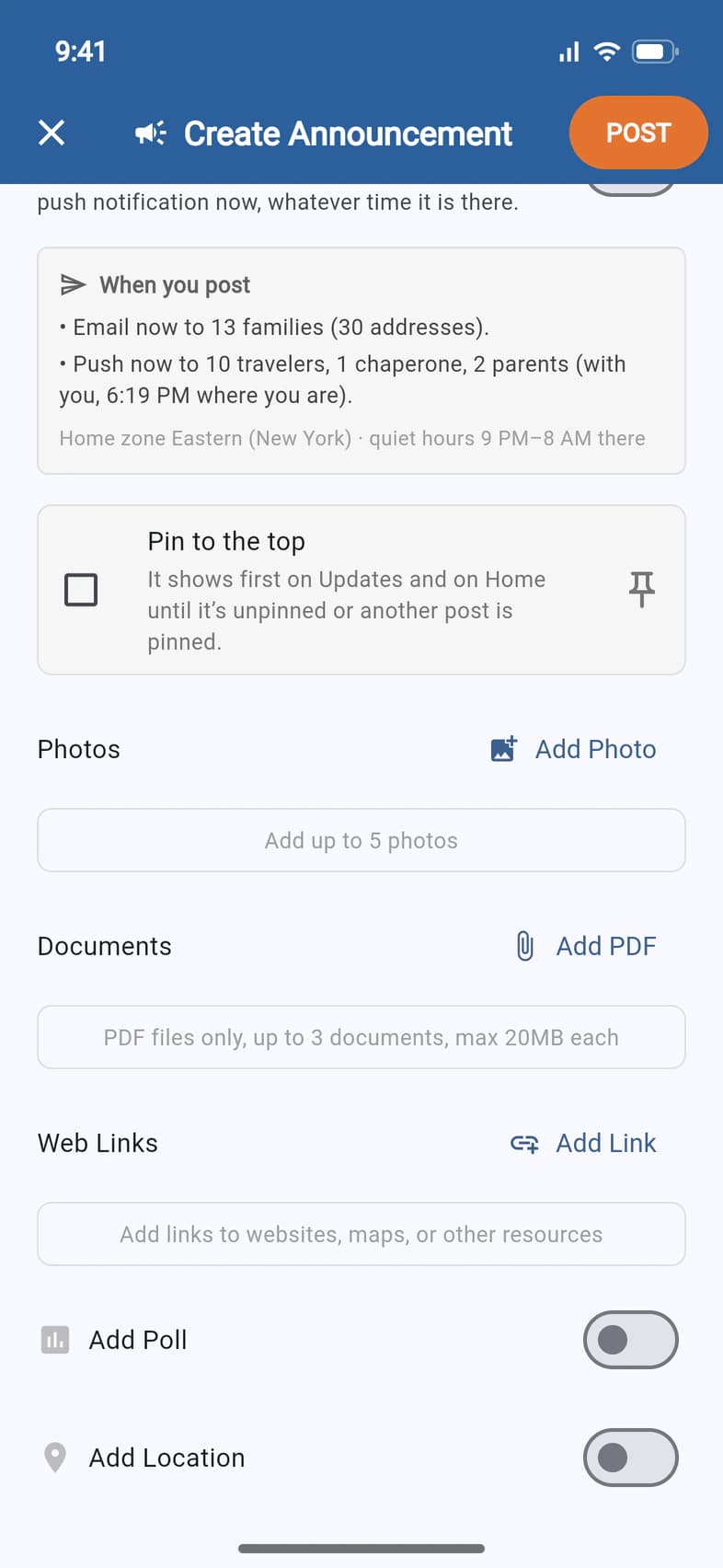 The lower part of the Create Announcement screen: the Pin to the top box, then Photos with an Add Photo button, Documents with Add PDF, Web Links with Add Link, and switches for Add Poll and Add Location