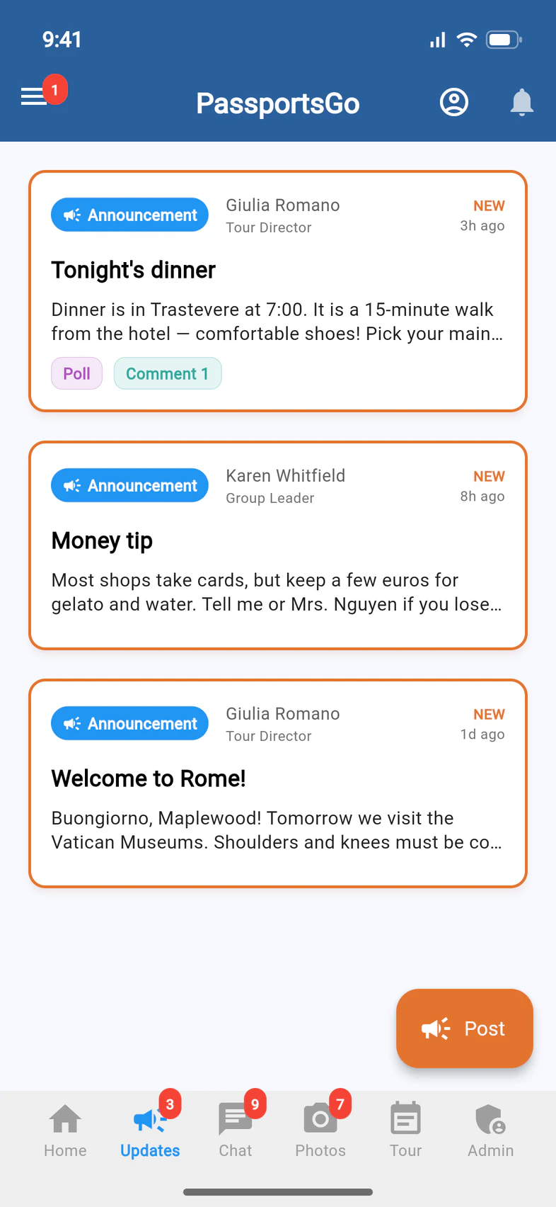 The Updates tab in PassportsGo, listing the group's recent announcements, with an orange Post button at the bottom right