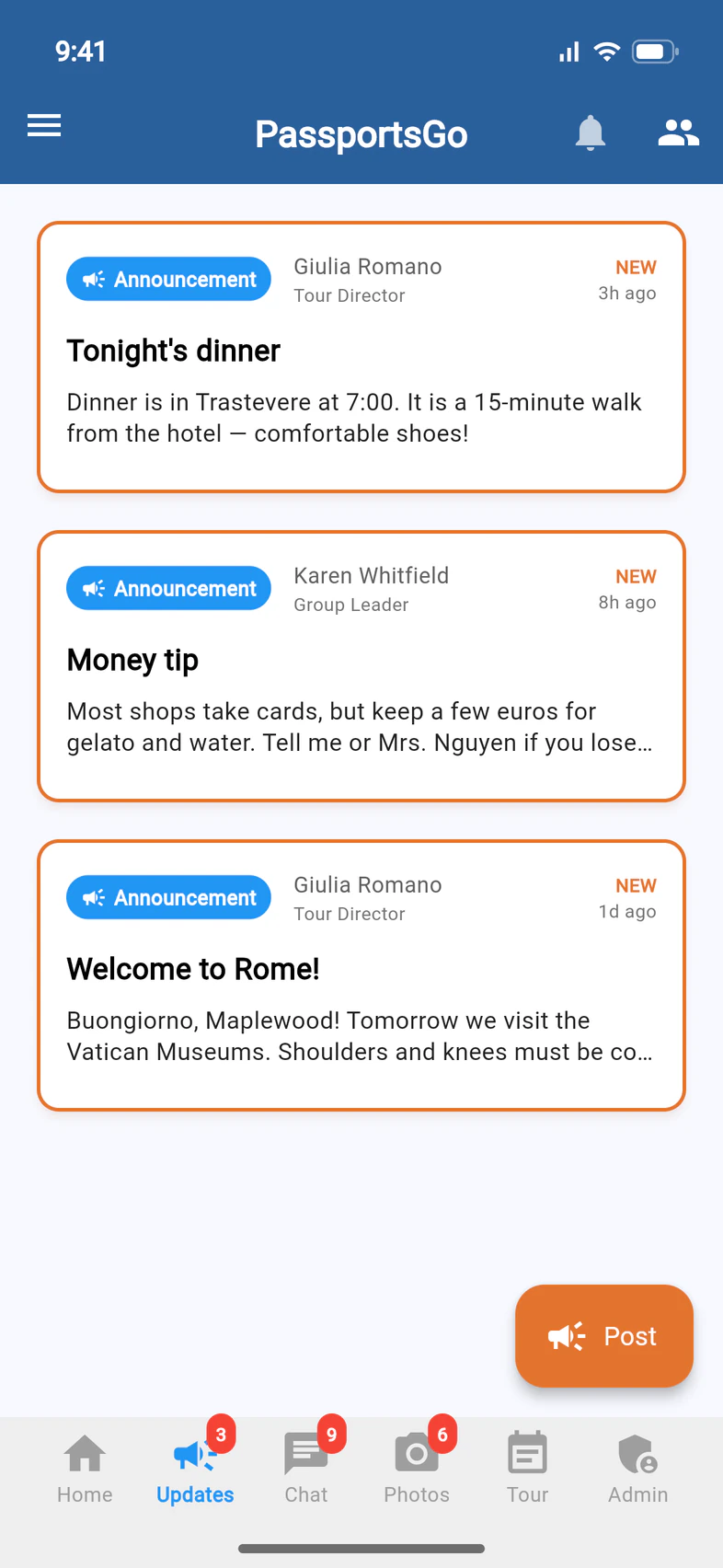 The Updates tab in PassportsGo, listing the group's recent announcements, with an orange Post button at the bottom right