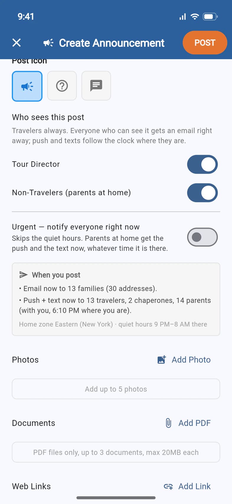 The Who sees this post section: switches for Tour Director and Non-Travelers (parents at home), an Urgent switch, and a When you post box listing the emails, push notifications and texts that will go out