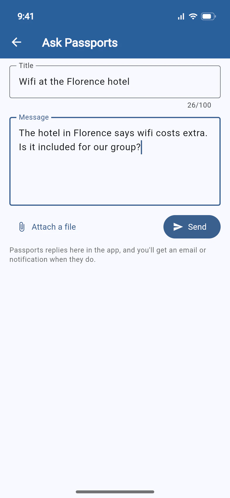 Ask Passports: the title Wifi at the Florence hotel, a message asking whether wifi is included, Attach a file and Send