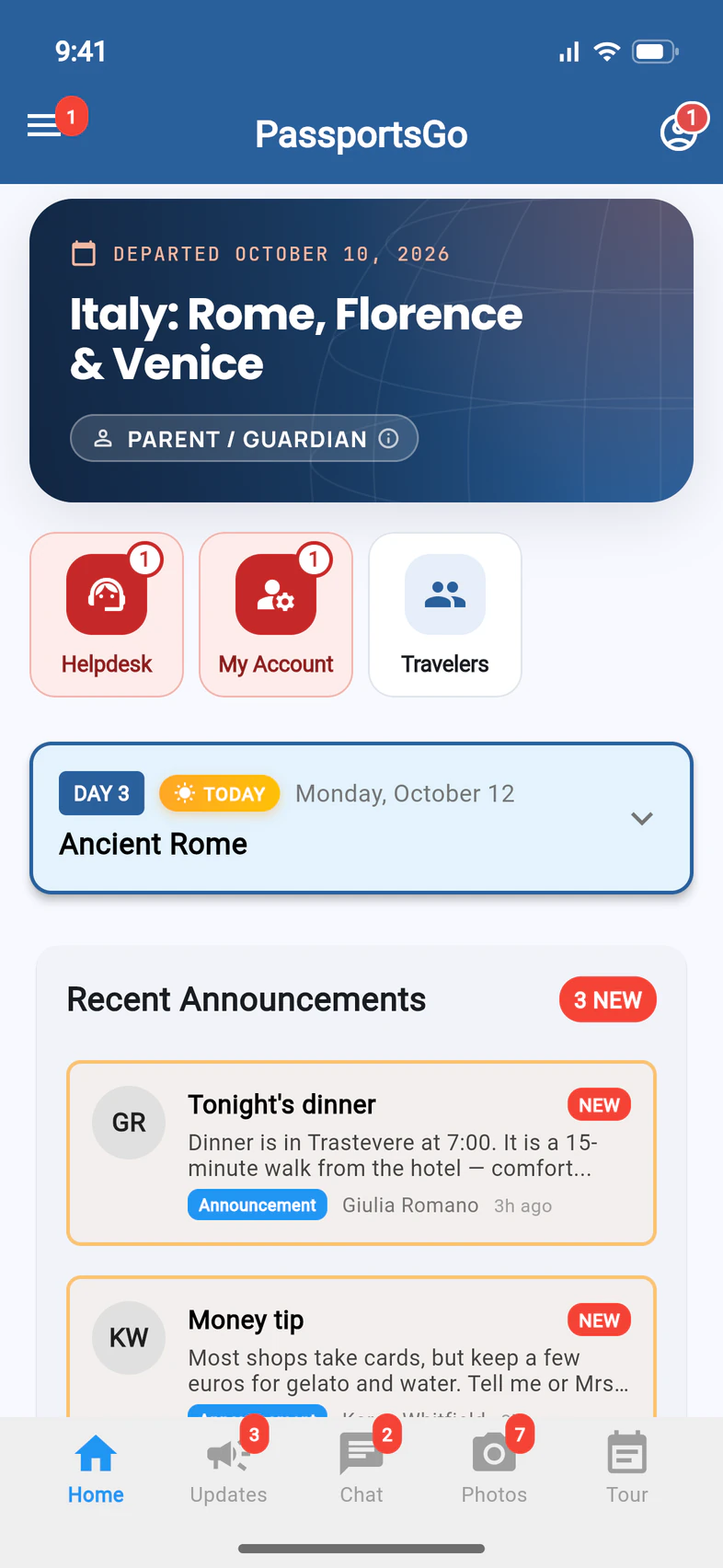 The PassportsGo Home screen for a parent: a red Helpdesk tile showing 1, then My Account, also red with 1, and Travelers