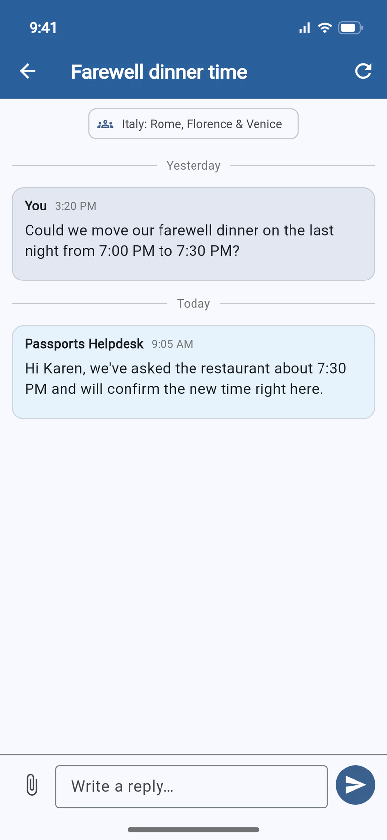 The conversation: the group leader's question from yesterday and a reply from Passports Helpdesk today, with a Write a reply… box