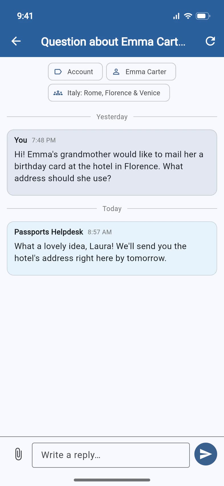The conversation: Laura's question from yesterday and a reply from Passports Helpdesk today, with a Write a reply… box