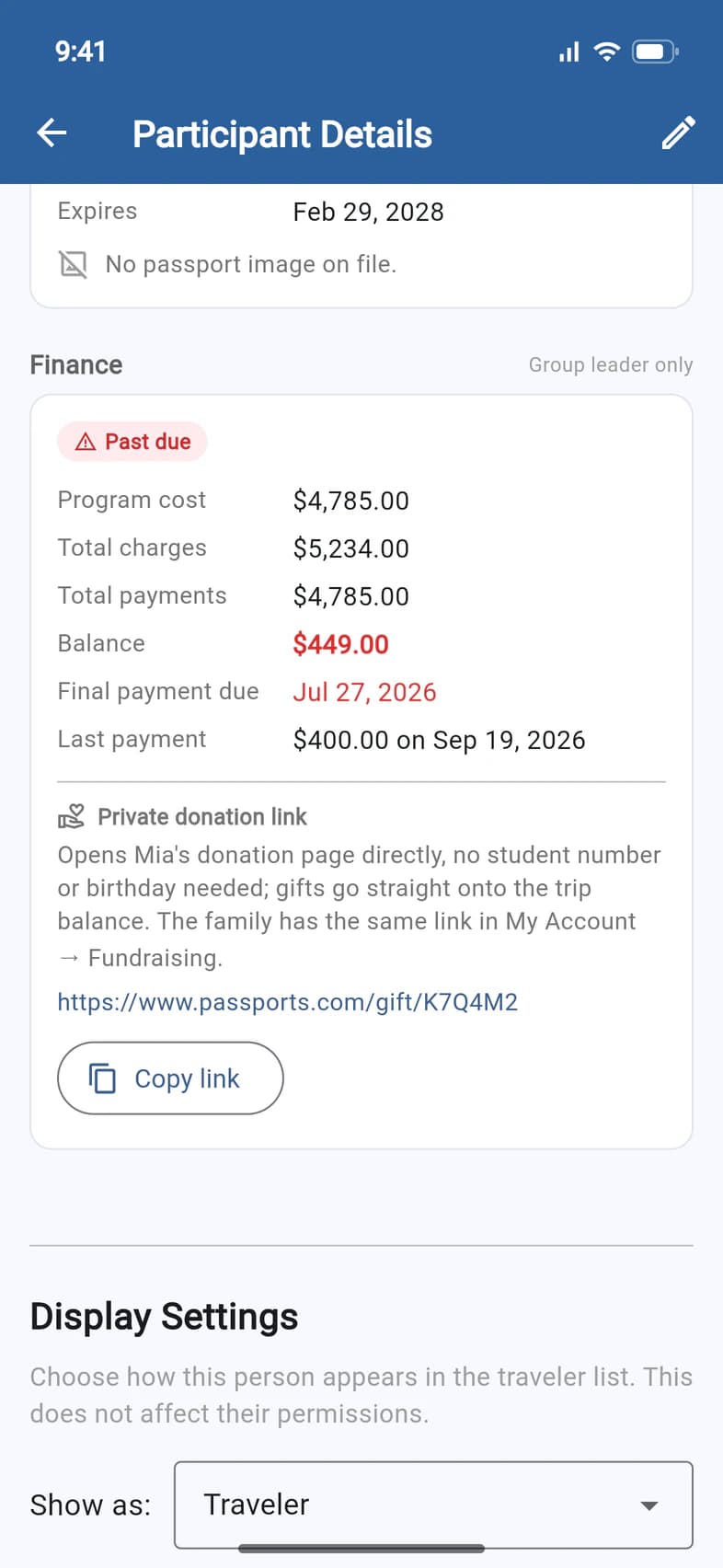 Mia Thompson's Participant Details: Finance, Group leader only, with a Past due chip, program cost, total charges, total payments, a red balance of $449.00, a red final payment due date, the last payment, and her private donation link with Copy link