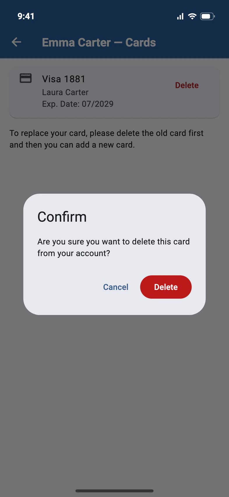 Confirm: Are you sure you want to delete this card from your account? Cancel or Delete