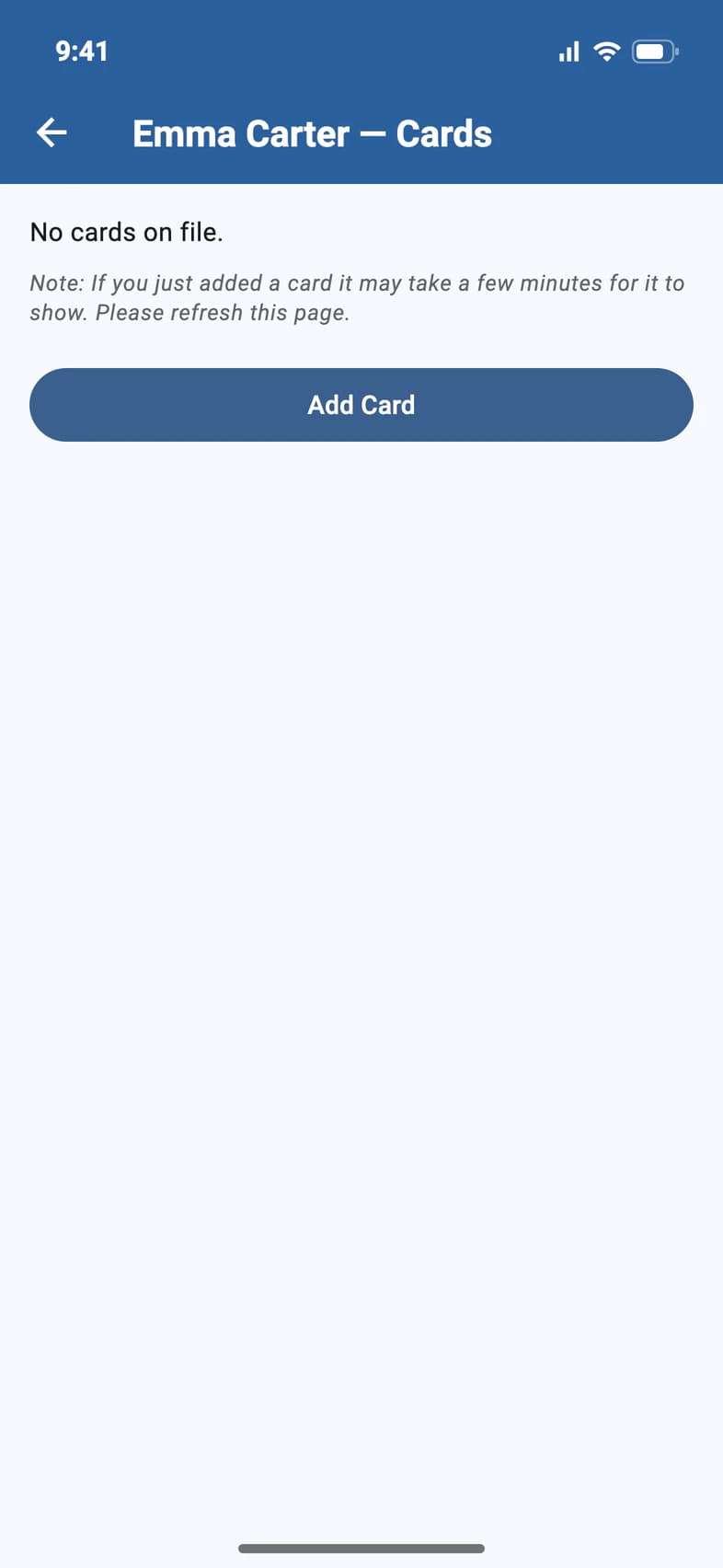 No cards on file, and the Add Card button