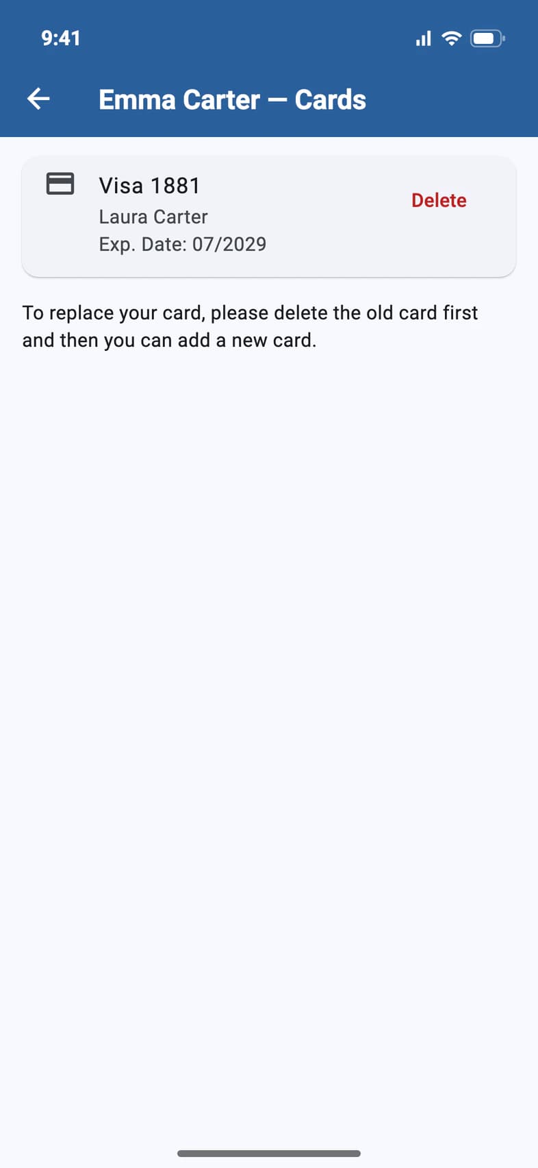 Emma Carter — Cards: Visa 1881, Laura Carter, Exp. Date 07/2029, with Delete