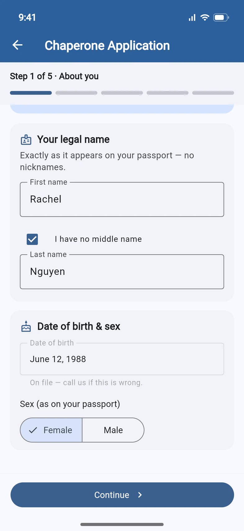 Step 1 of 5, About you: Rachel Nguyen's legal name with I have no middle name ticked, the date of birth June 12, 1988 marked On file — call us if this is wrong, and Female selected