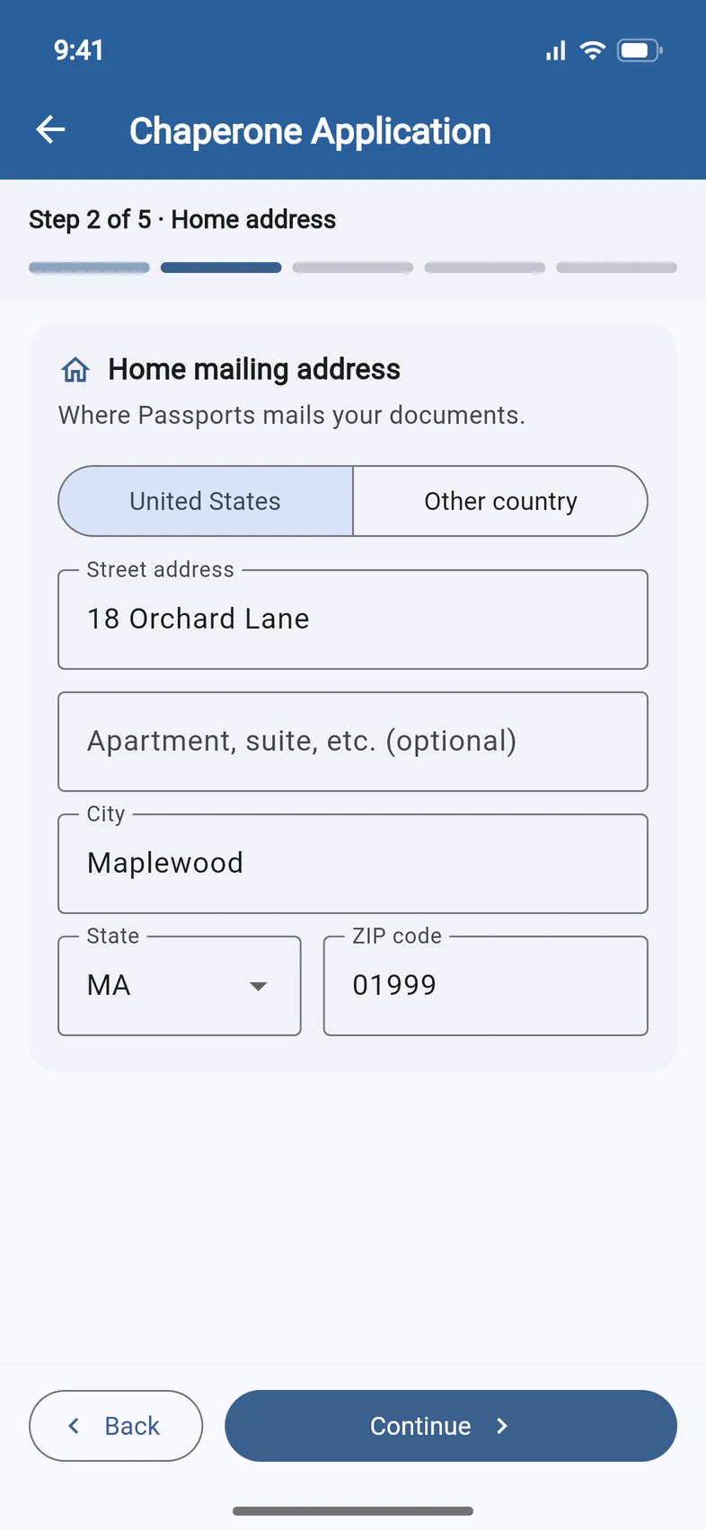 Step 2 of 5, Home address: United States selected, 18 Orchard Lane, Maplewood, MA 01999, with Back and Continue buttons