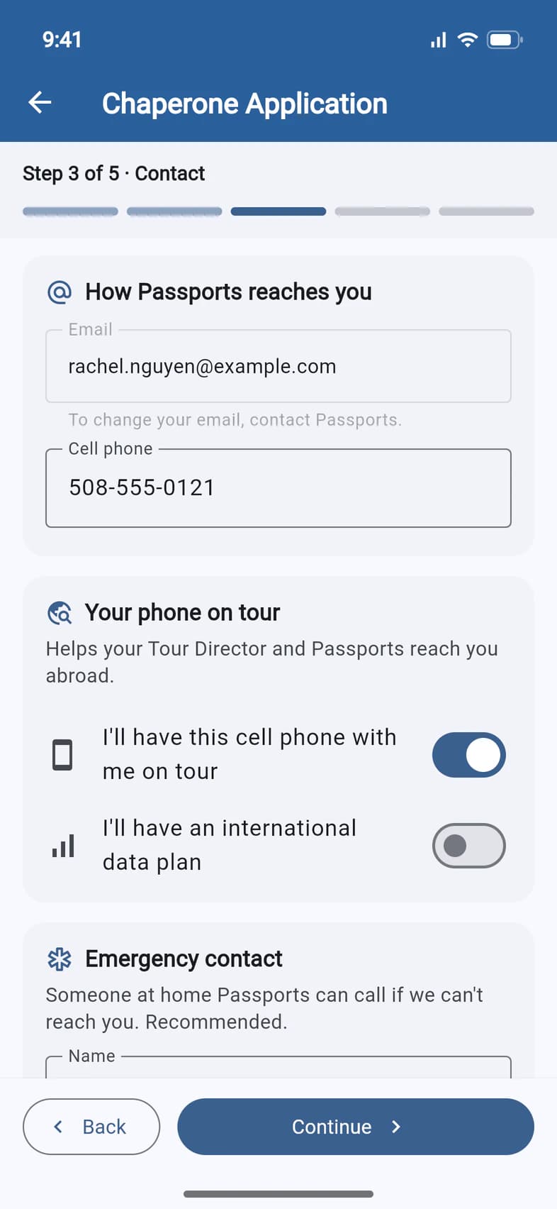 Step 3 of 5, Contact: the email rachel.nguyen@example.com, the cell phone 508-555-0121, Your phone on tour with I'll have this cell phone with me on tour turned on, and Emergency contact below