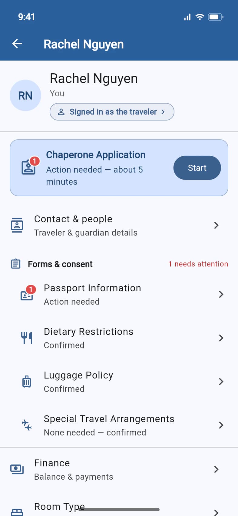 Rachel Nguyen's record in PassportsGo: the Chaperone Application card at the top, Action needed — about 5 minutes, with a Start button, then Contact & people, Forms & consent and Finance