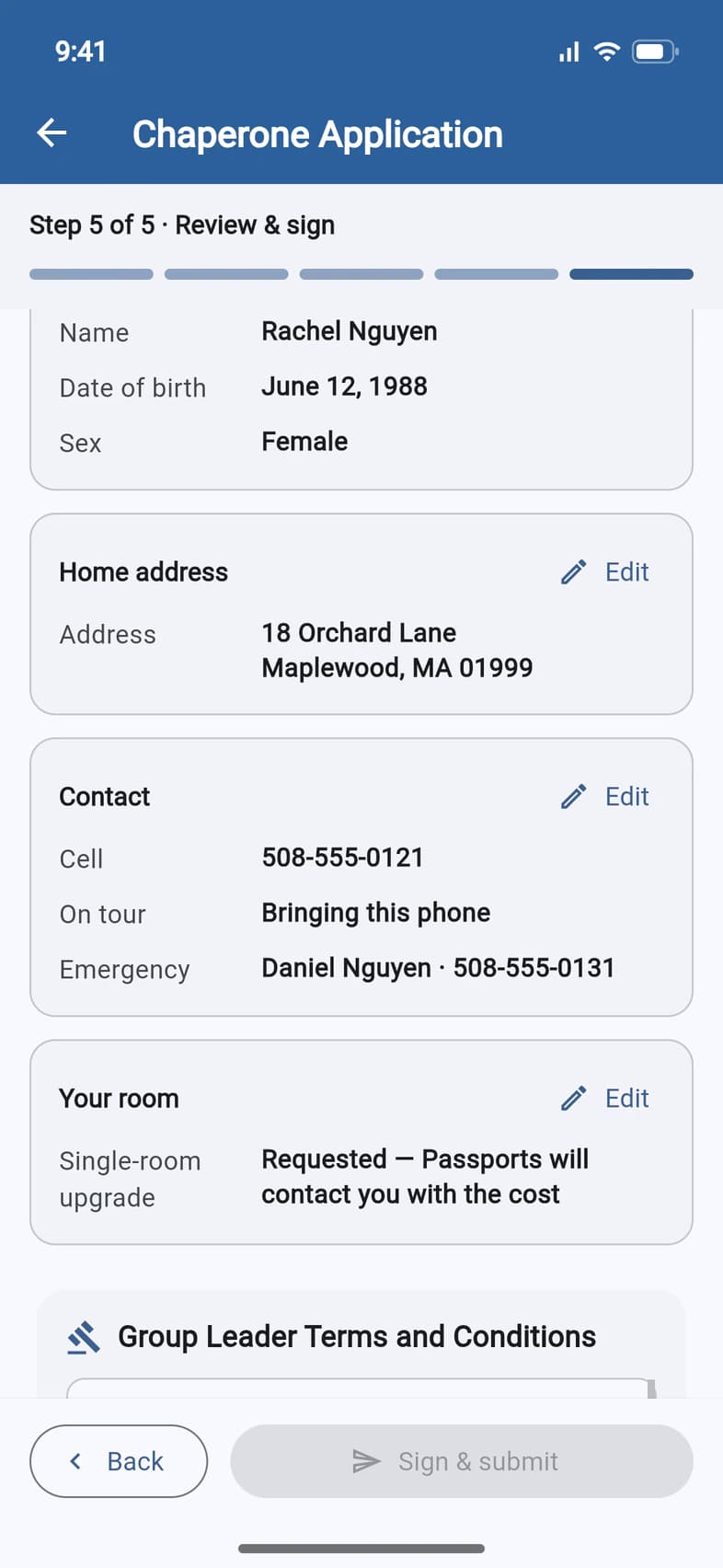 Check your answers, scrolled down: Rachel Nguyen's name, date of birth and sex, the Home address and Contact cards, and Your room: Single-room upgrade, Requested — Passports will contact you with the cost, each card with an Edit button