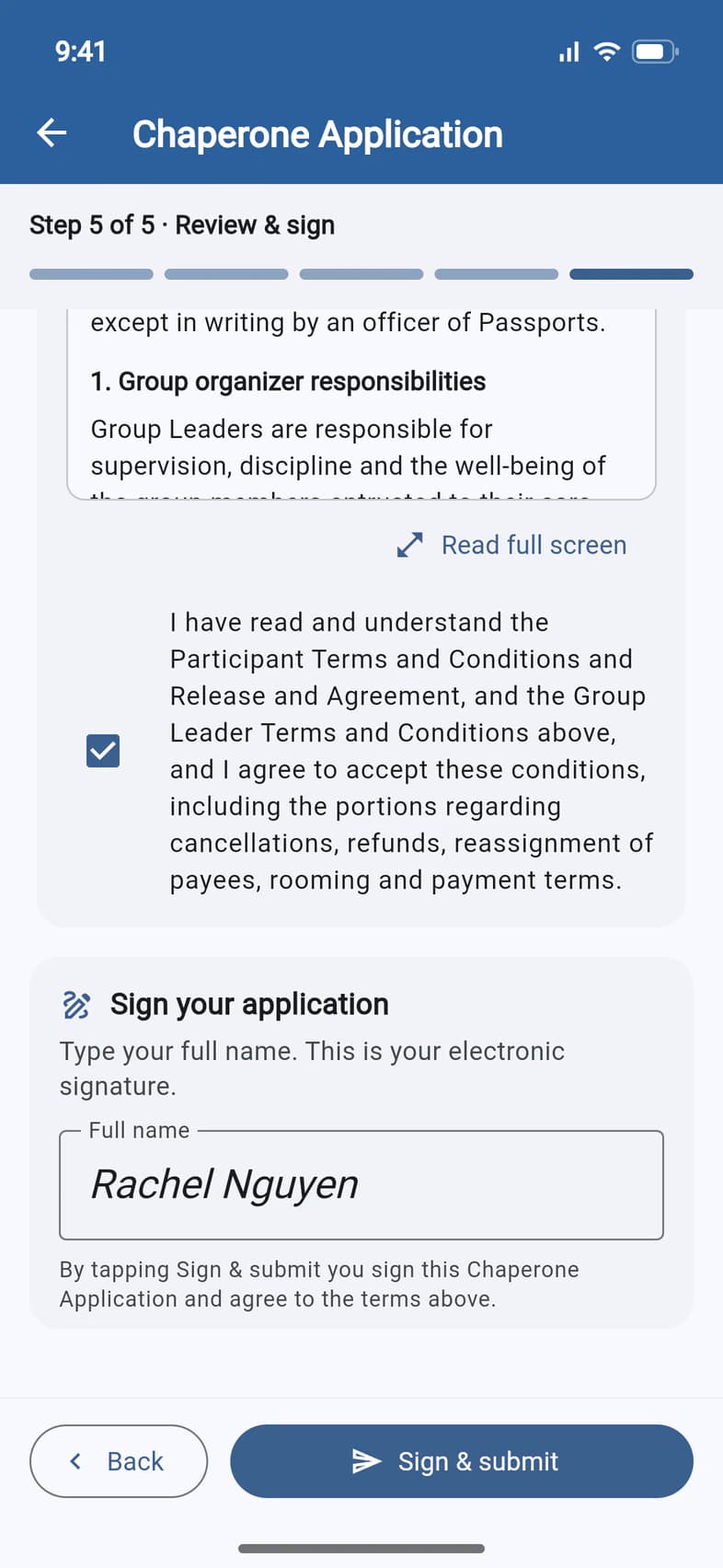 The end of Review & sign: the terms box with Read full screen, the agreement box ticked, Sign your application with Rachel Nguyen typed as the signature, and the Sign & submit button