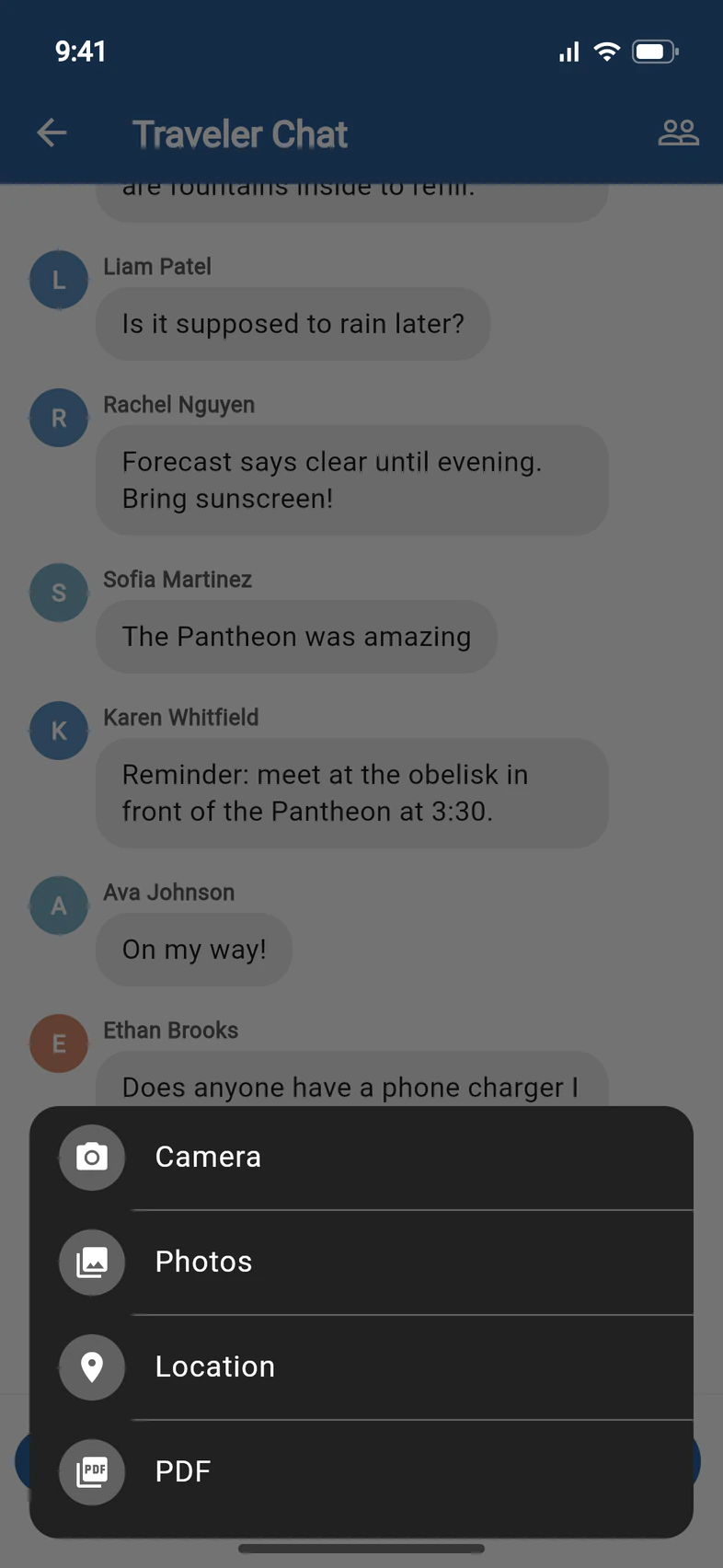The + menu in a chat: Camera, Photos, Location and PDF
