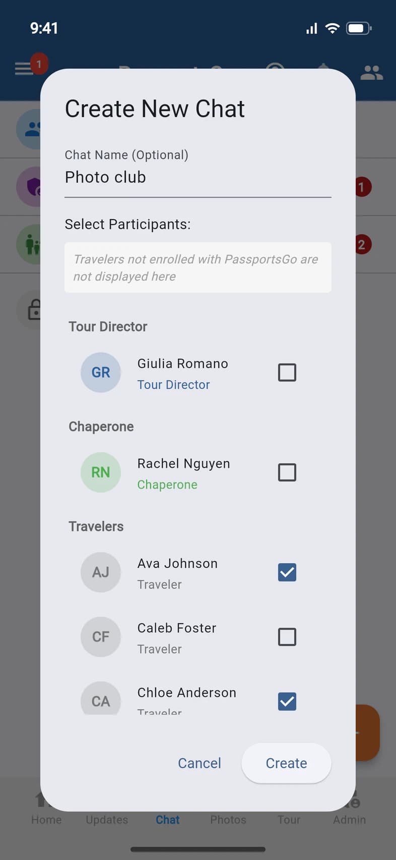 Create New Chat: the name Photo club, Select Participants with the Tour Director, a chaperone and travelers, Ava Johnson and Chloe Anderson ticked, and Create