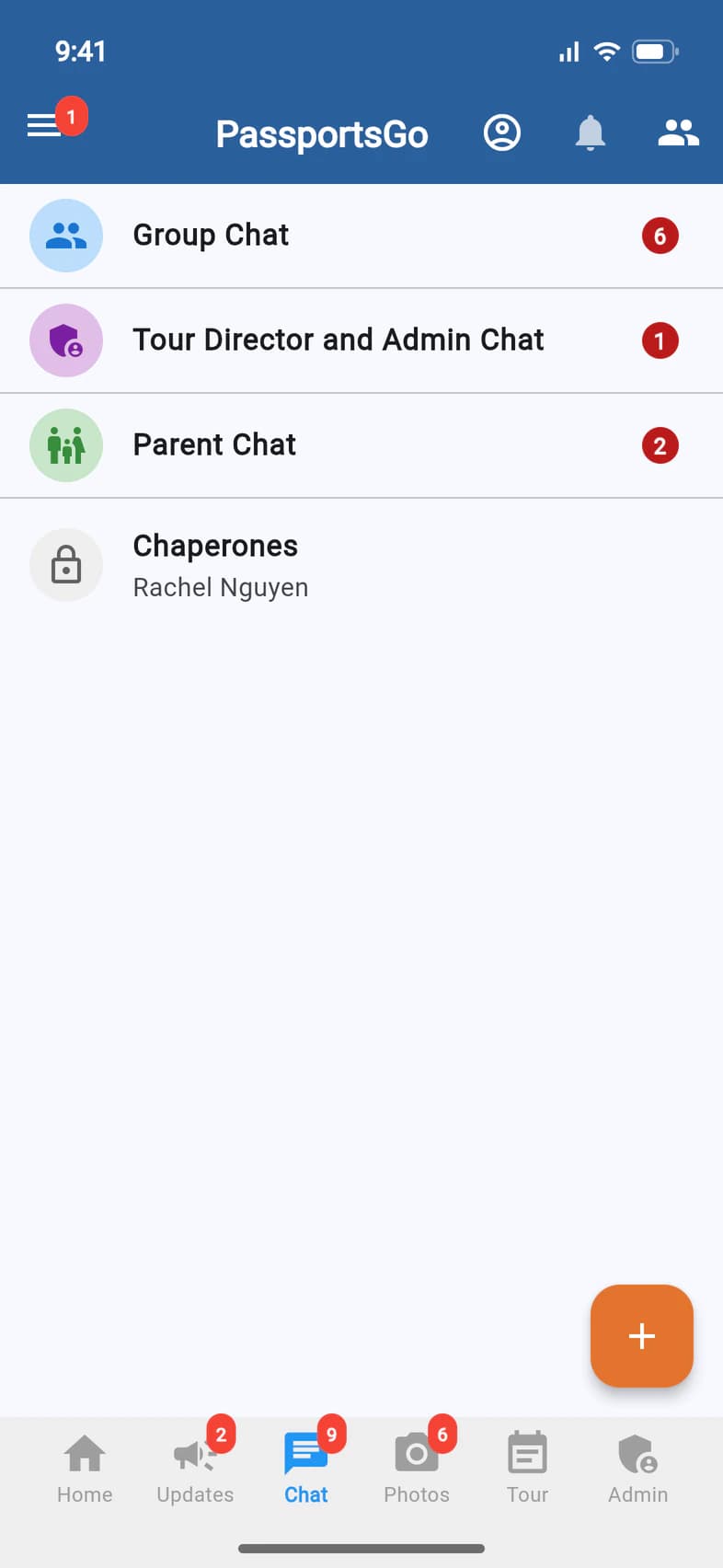 The Chat tab for a group leader: Group Chat, Tour Director and Admin Chat, Parent Chat and a private Chaperones chat with Rachel Nguyen, and an orange + button