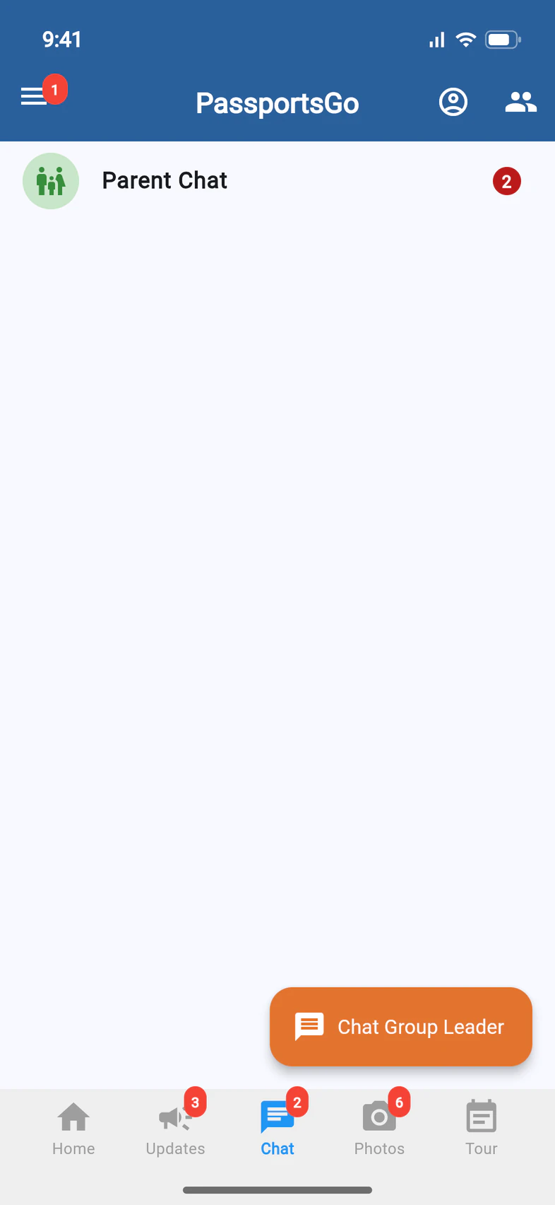 The Chat tab for a parent: Parent Chat with 2 new messages, and a Chat Group Leader button
