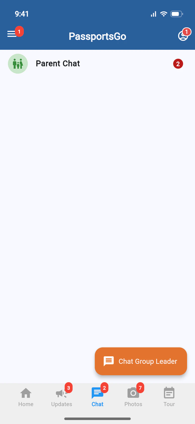 The Chat tab for a parent: Parent Chat with 2 new messages, and a Chat Group Leader button