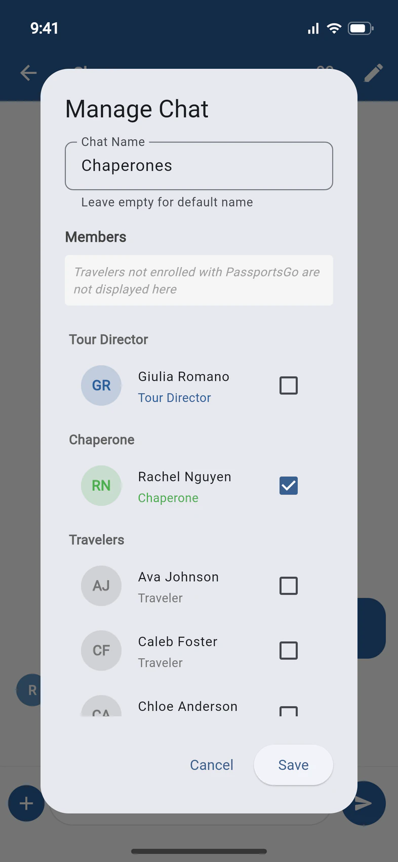 Manage Chat: Chat Name Chaperones, Members with Giulia Romano, Rachel Nguyen (ticked) and travelers, and Save