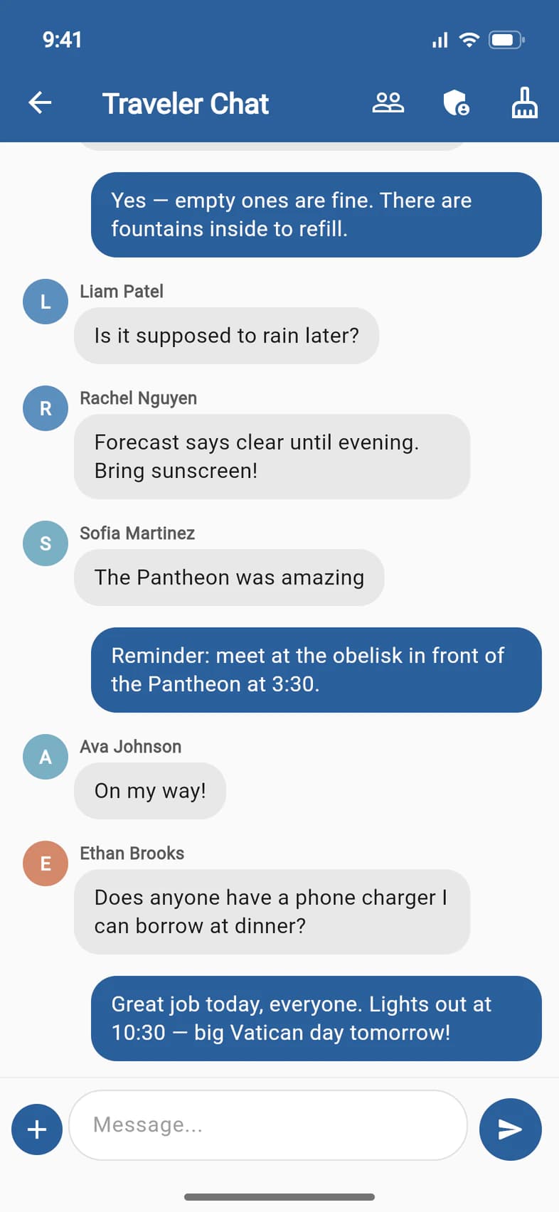 The Group Chat, titled Traveler Chat, with messages from travelers, the chaperone and the group leader, the people, shield and broom icons at the top, and the message box
