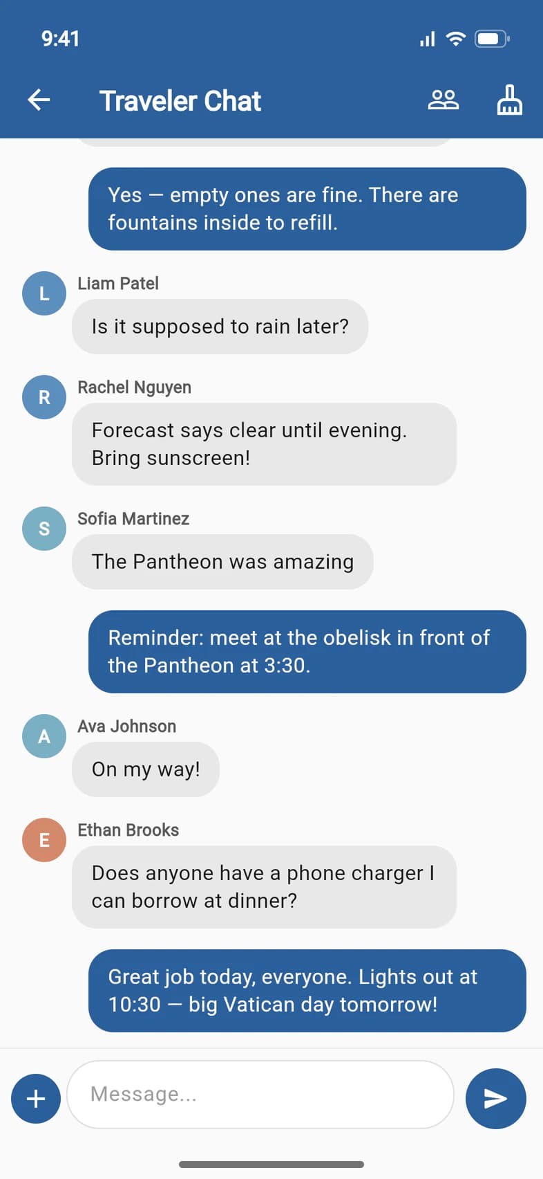 The Group Chat, titled Traveler Chat, with messages from travelers, the chaperone and the group leader, the members and purge icons at the top, and the message box