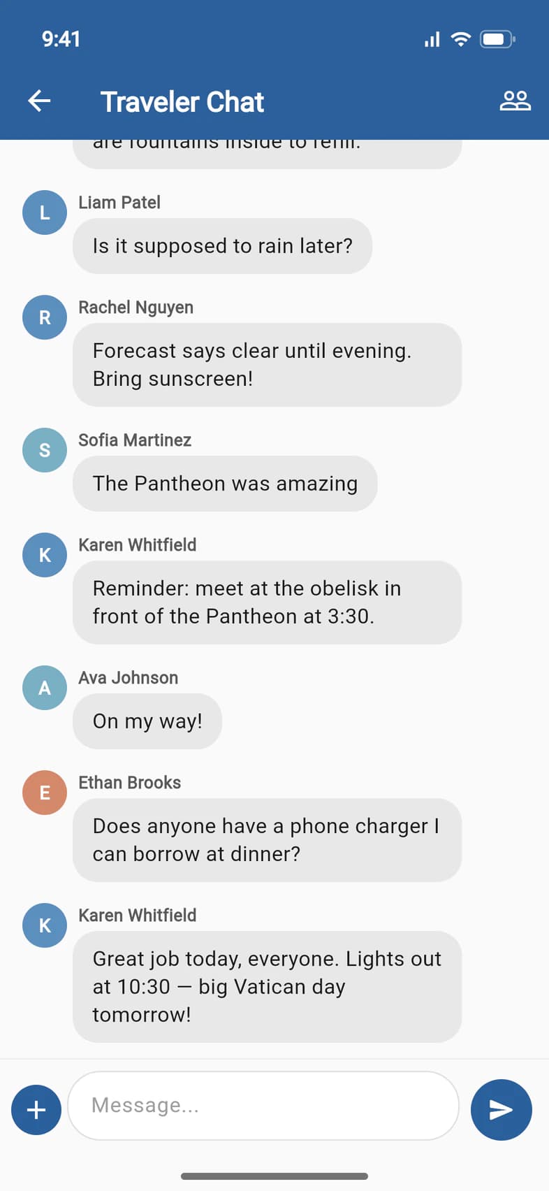 The Group Chat, titled Traveler Chat, with messages from the group, and the + button and message box at the bottom